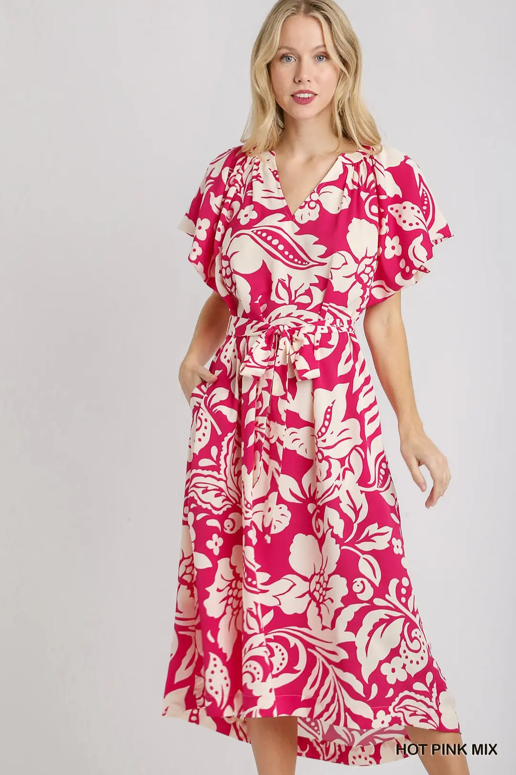 Umgee Two-Tone Split Neck A-Line Midi Dress with Raglan Sleeves