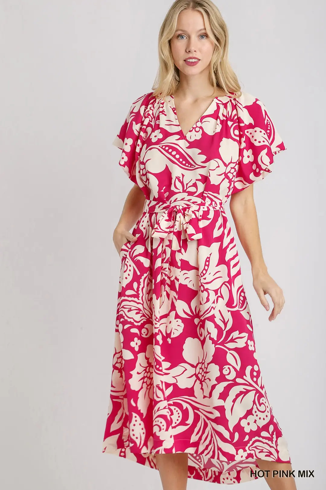Umgee Two-Tone Split Neck A-Line Midi Dress with Raglan Sleeves
