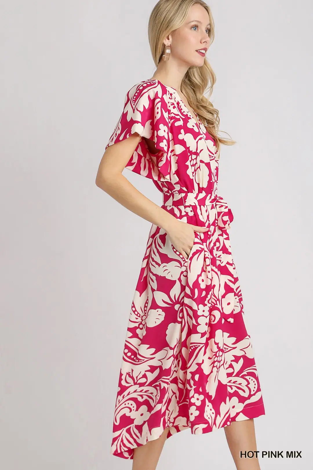 Umgee Two-Tone Split Neck A-Line Midi Dress with Raglan Sleeves