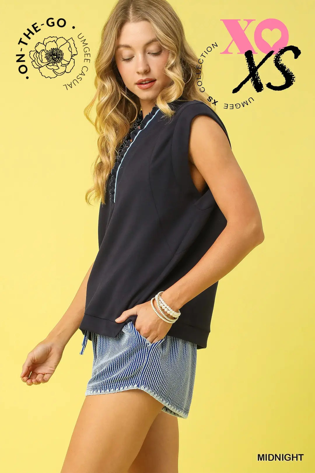 Umgee Midnight Ruffle V-Neck Luxeknit French Terry Top