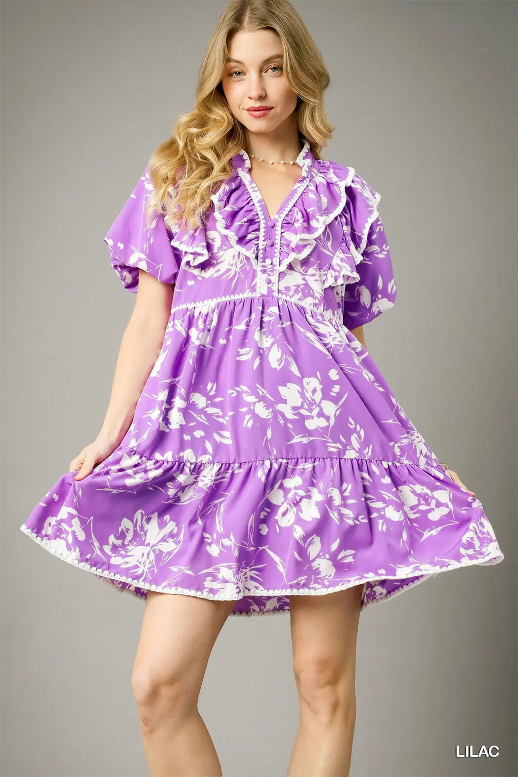 Umgee Lilac Floral Ruffle Babydoll Dress