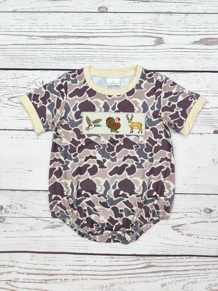 Infant Boy Camouflage Deer Appliqué Romper