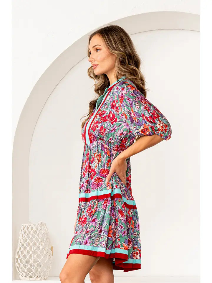 Floral Print Tiered Mini Dress with Puff Sleeves