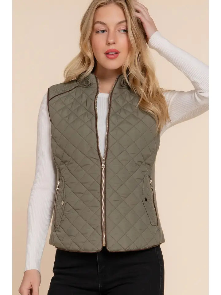 Suede Piping Detail Rib Quilted Padding Vest