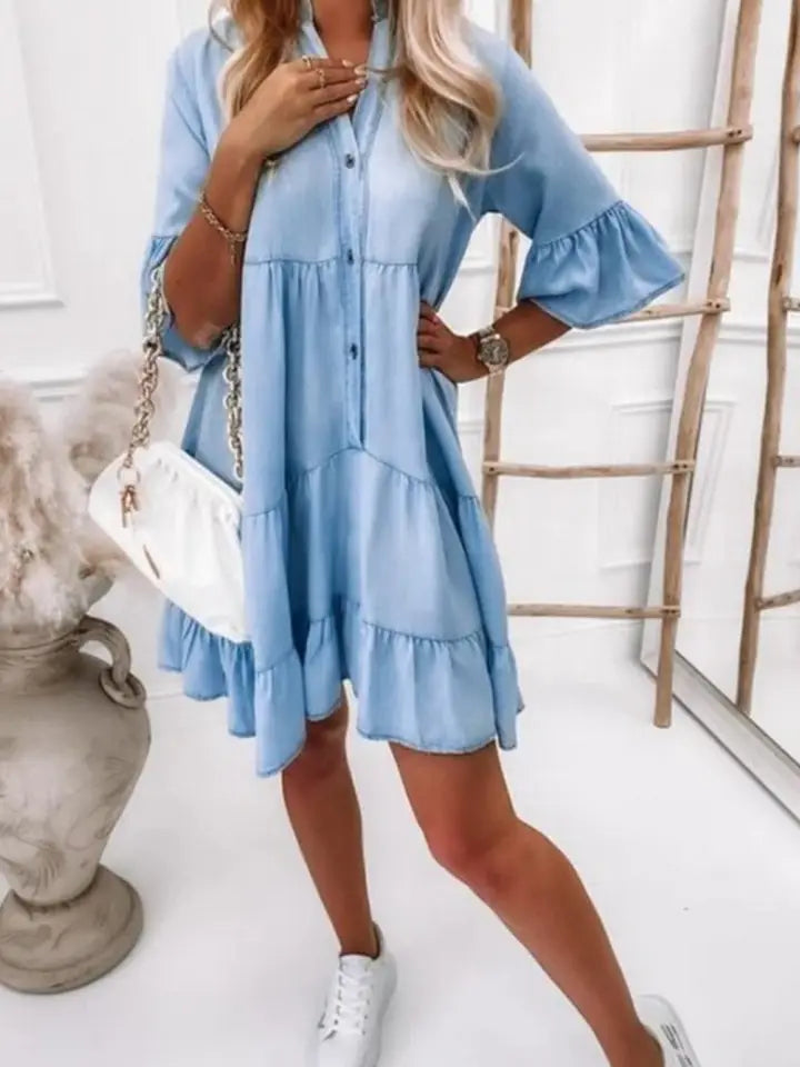 V-Neck Half Sleeve Washed Denim Dress