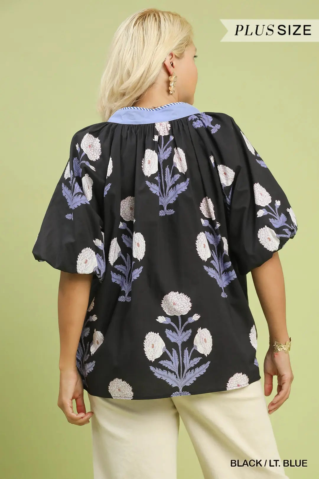 Black/Light Blue Floral Print V-Neck Top