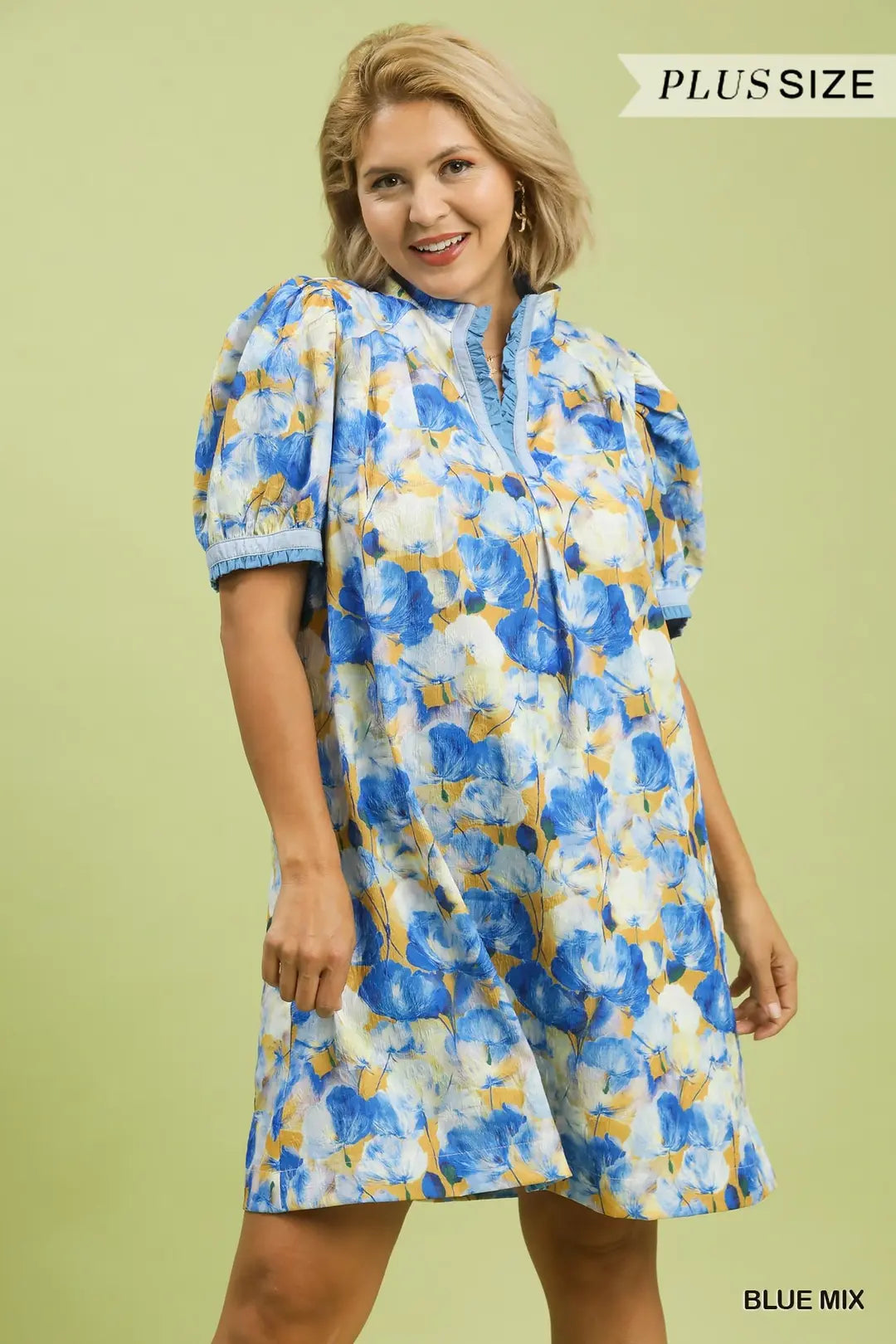 Blue Floral Puff Sleeve Dress Plus Size