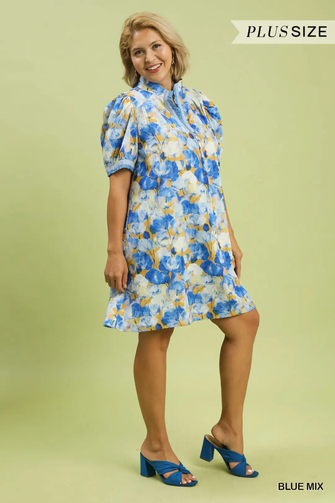 Blue Floral Puff Sleeve Dress Plus Size