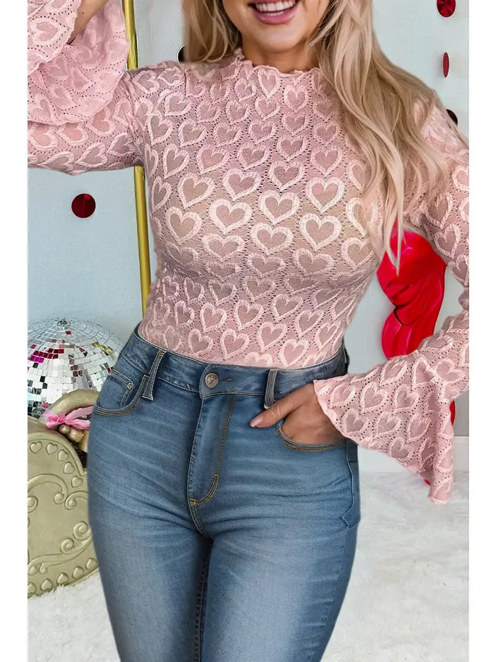 Heart Jacquard Flare Sleeve Mock Neck Fitted Top