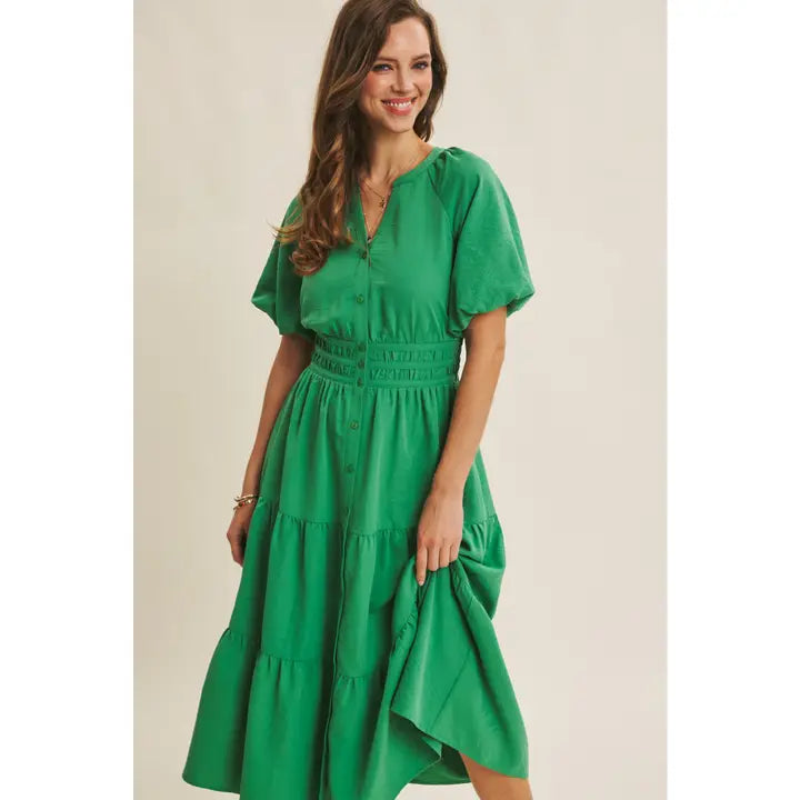 Vibrant Feel-Good Kelly Green Midi Dress with Bubble Sleeves