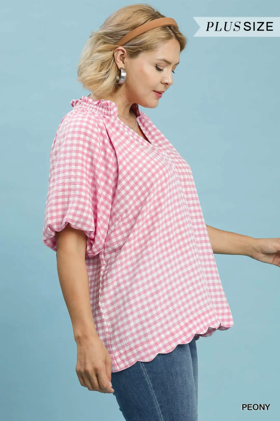 Gingham Bubble Sleeve V-Neck Top w/ Scallop Hem