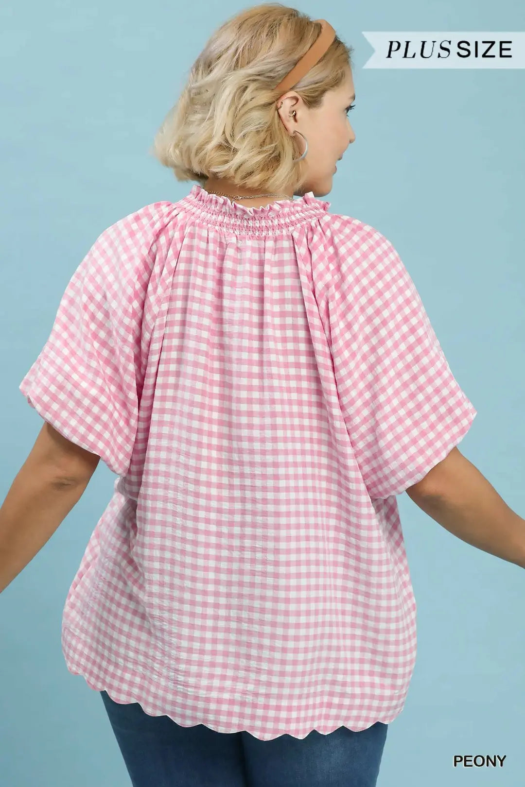 Gingham Bubble Sleeve V-Neck Top w/ Scallop Hem
