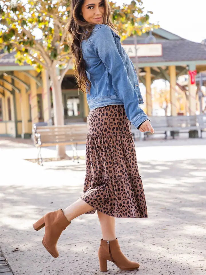 Animal Print Tiered Midi Skirt