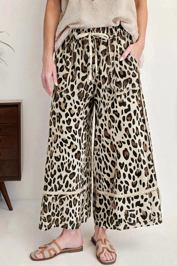 Khaki Leopard Wide Leg Cropped Pants