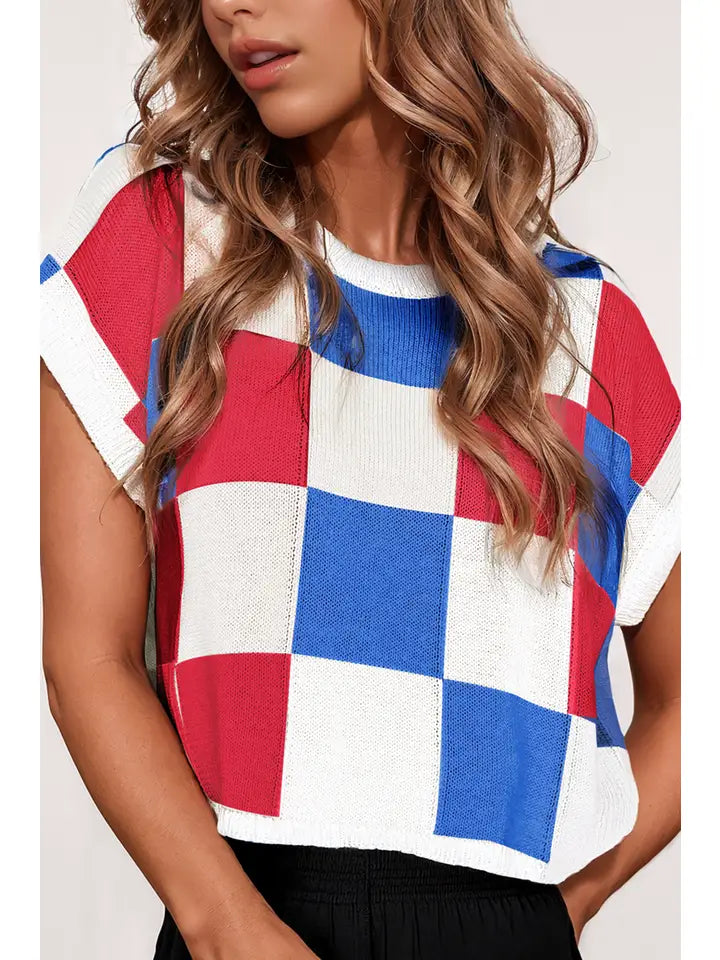 Color Block Round Neck Cap Sleeve Casual Sweater