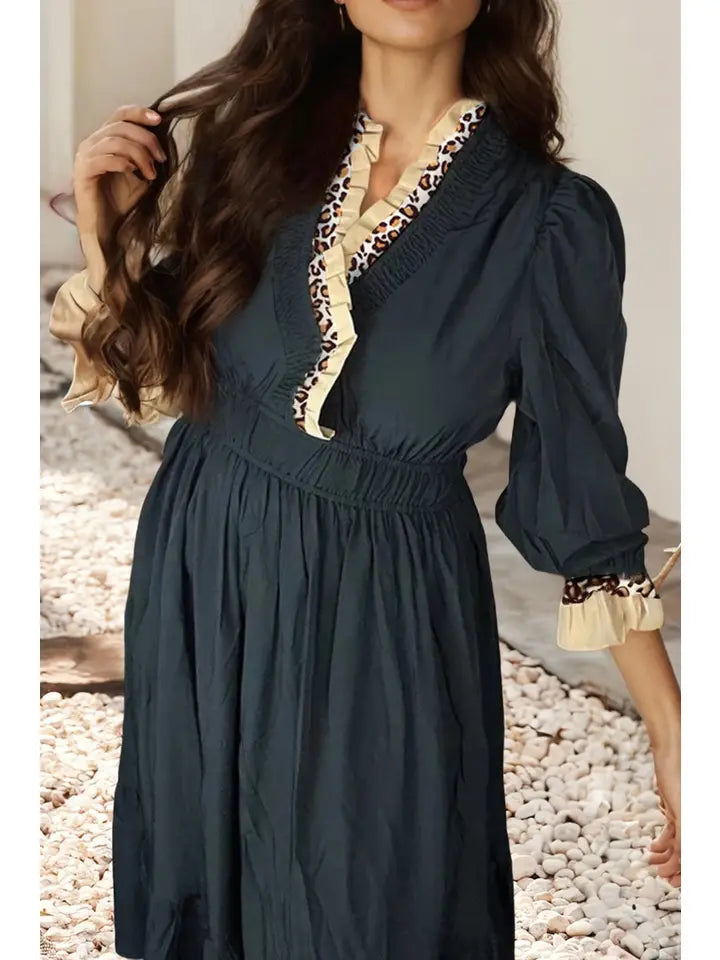 Solid Color Patchwork Leopard Print Detail Dress