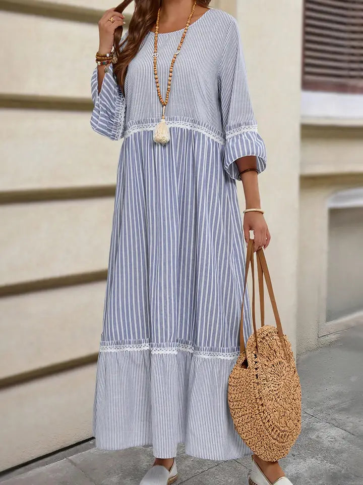 Stripe Patchwork Crossed Lace Detail Bracelet Sleeve Maxi Dress