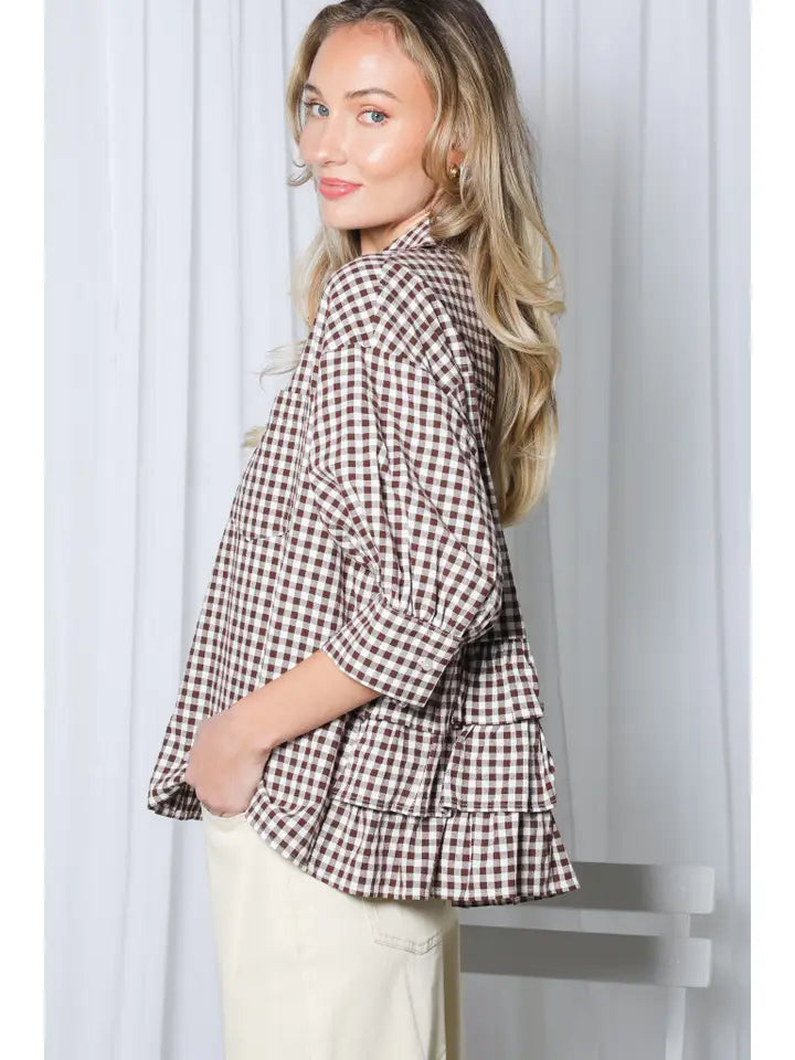 Brown Gingham Ruffle Accent Shirt