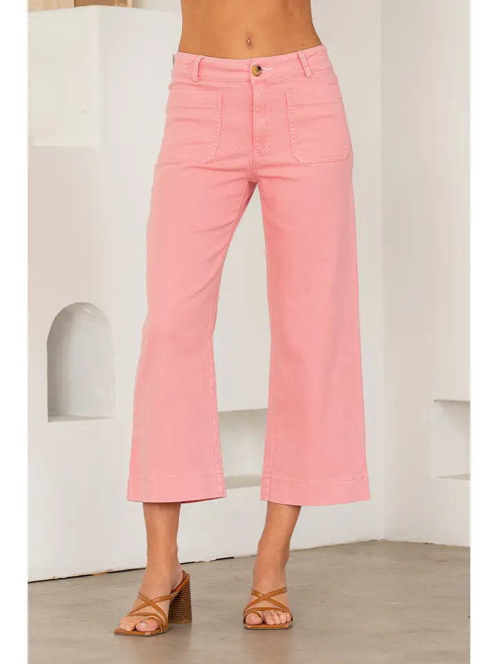 Lt Pink Relaxed Fit Wide Leg Cropped Pants