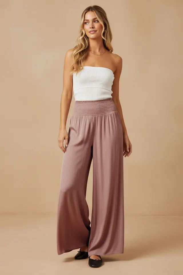 Mauve Smocked Waist Wide Leg Pant