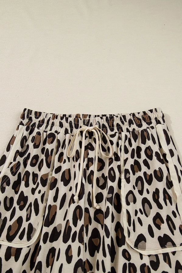 Khaki Leopard Wide Leg Cropped Pants
