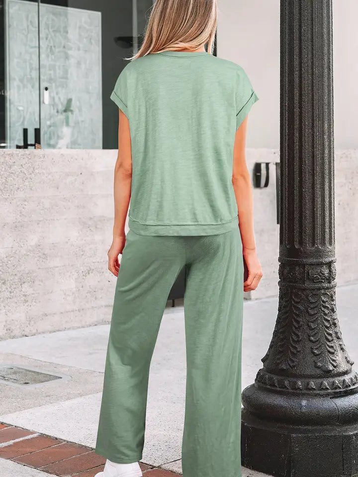 Solid Short Sleeve Tee and Pants Set
