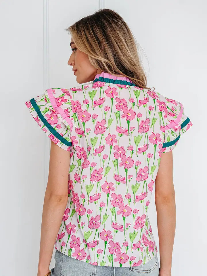 Floral Contrast Trim V-Neck Ruffle Short Sleeve Blouse