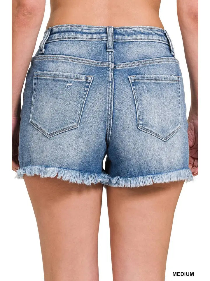 Mid Rise Raw Frayed Hem Denim Shorts