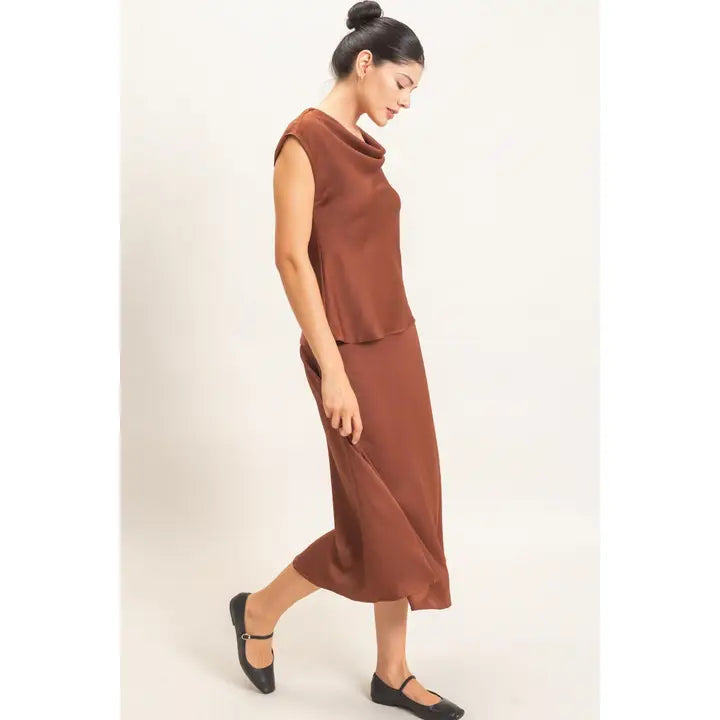 Brown Satin Cowl Neck Top and Skirt Set