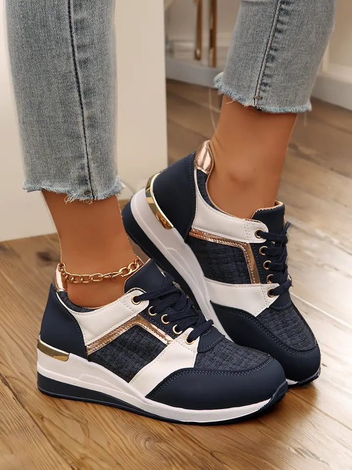 Glitter Patched Lace-Up Wedge Sneakers