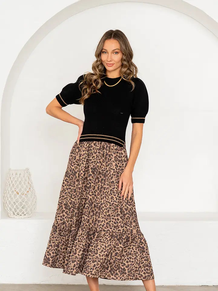 Midi Dress with Knit Top Animal Print Skirt