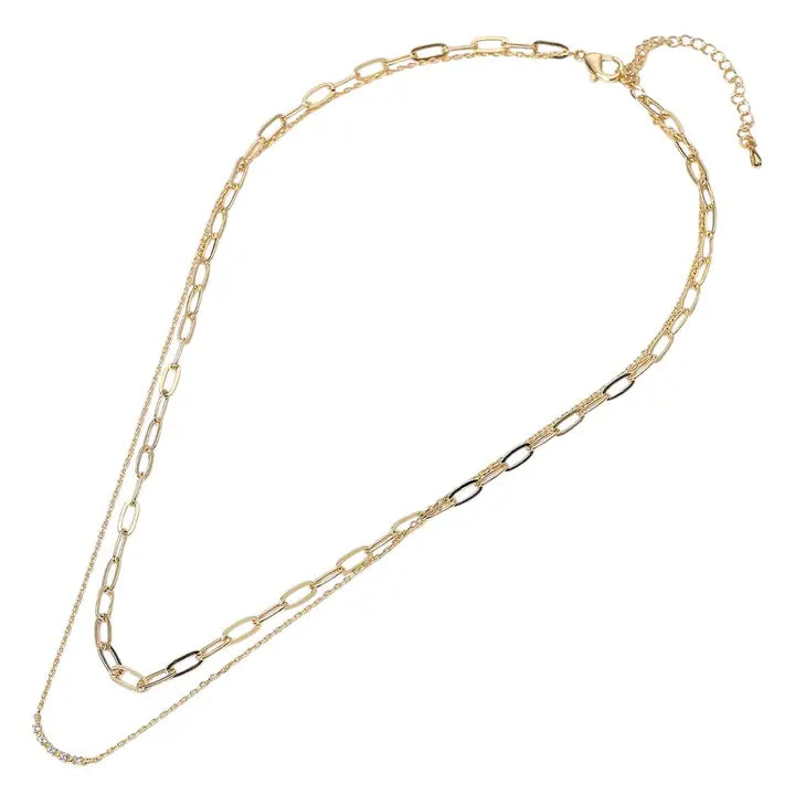 Stone Paved Bar Paperclip Chain Layered Necklace