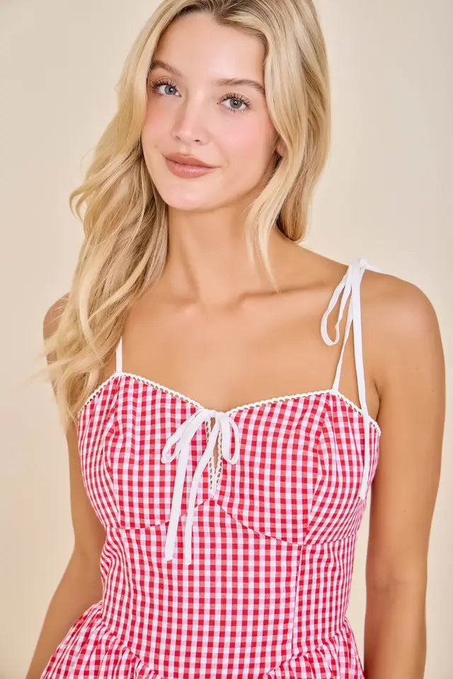 Gingham Corset Tie-Strap Flare Mini Dress