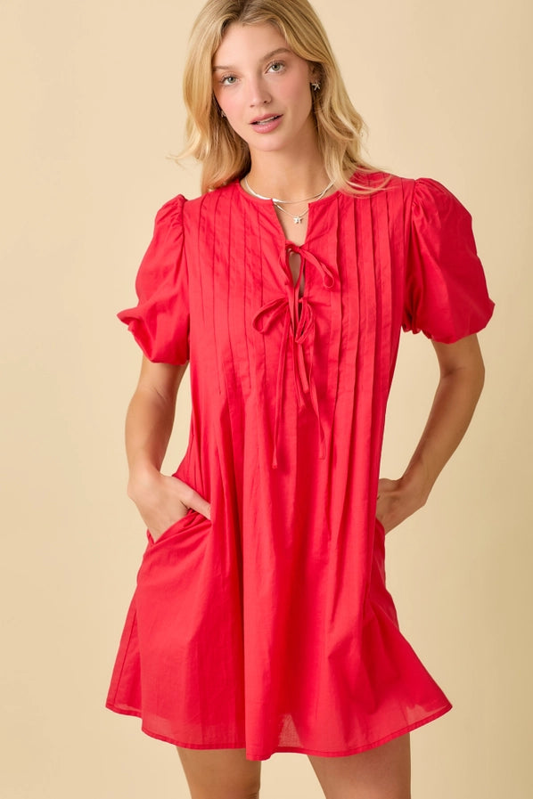 Pin Tuck Detail Bubble Sleeve Mini Dress