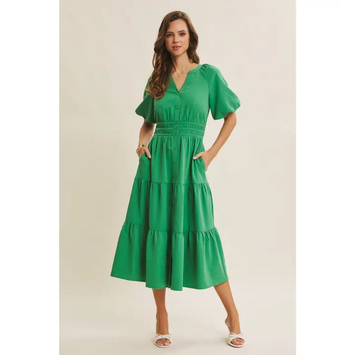 Vibrant Feel-Good Kelly Green Midi Dress with Bubble Sleeves
