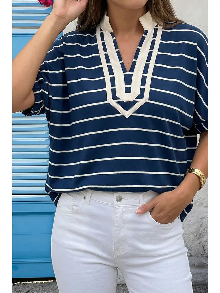 Blue Stand Collar V Neck Elastic Cuffs Half Sleeve Dolman Top