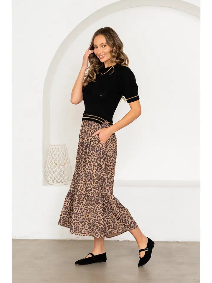 Midi Dress with Knit Top Animal Print Skirt