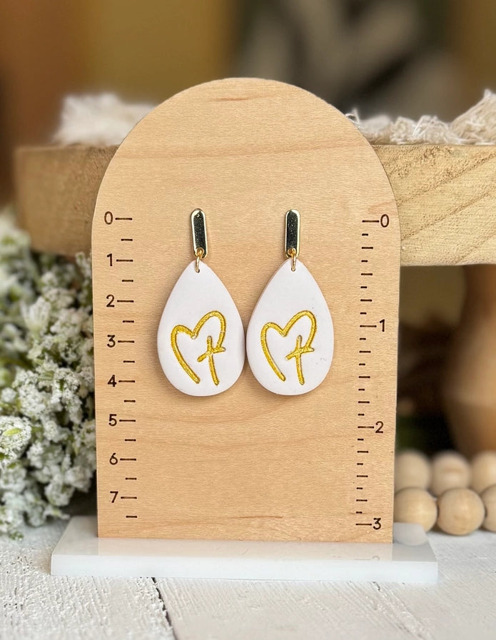 Handmade Clay Teardrop w/Heart & Cross Earring