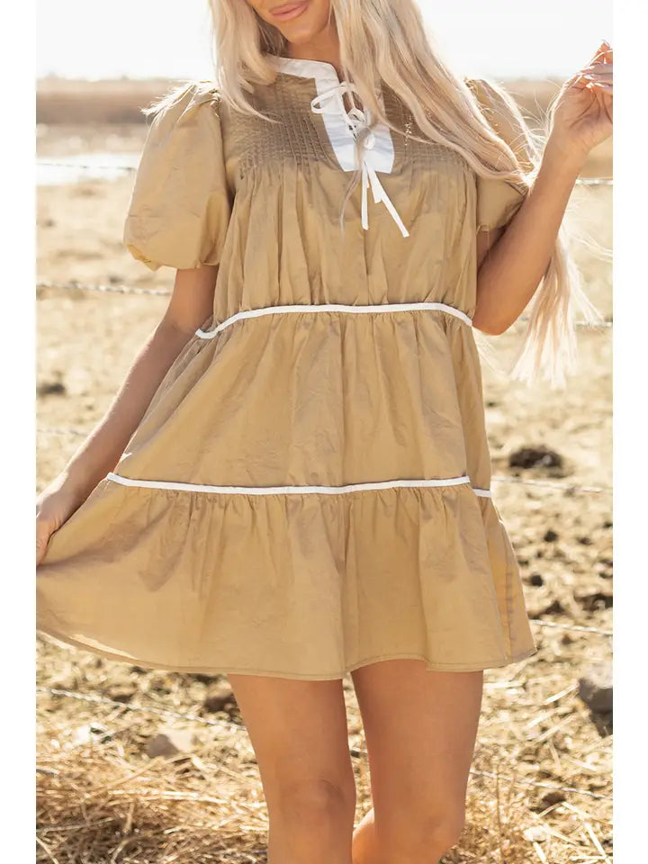 Contrast Trim Puff Sleeve Dress
