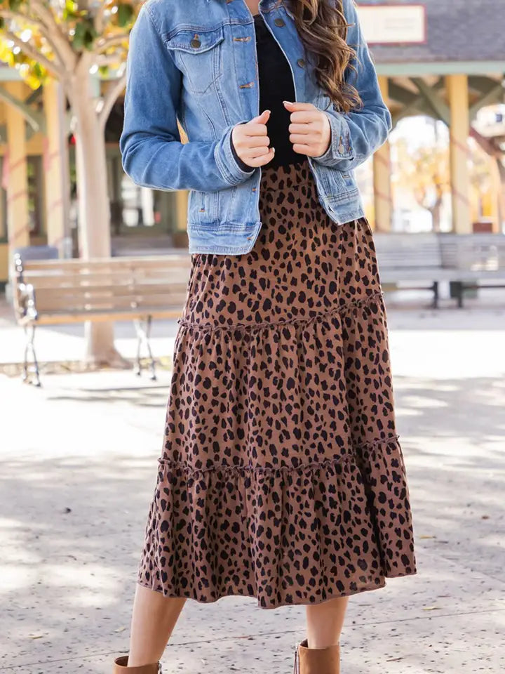 Animal Print Tiered Midi Skirt