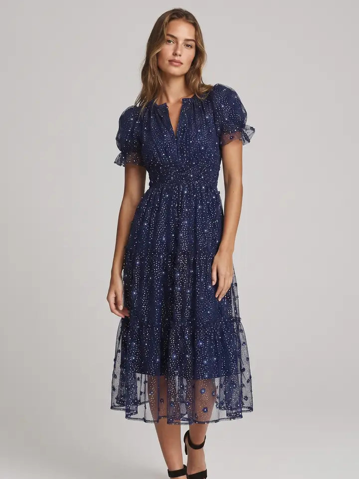 Daisy Navy Sparkle Puff Sleeve Midi Dress