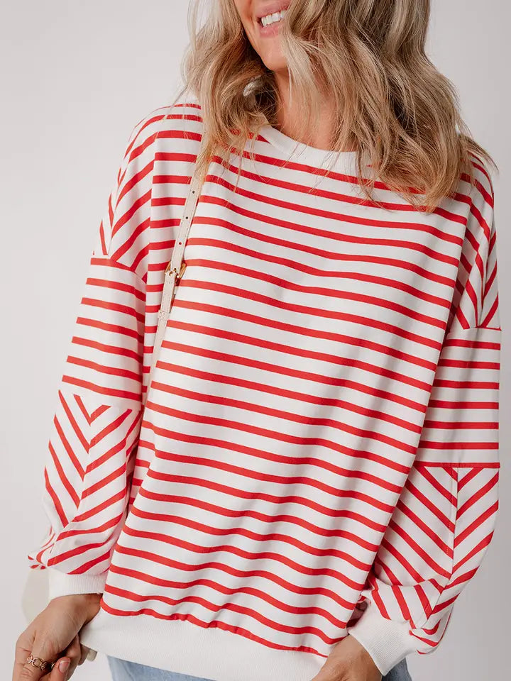Orange Striped Crew Neck Sweatshirt
