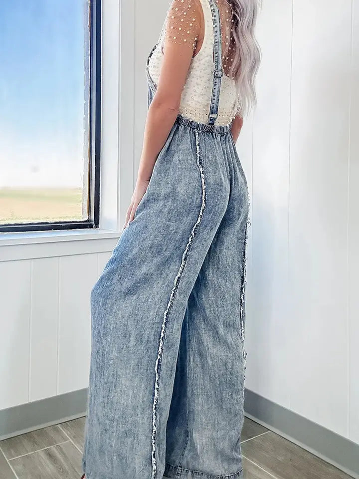 Wide-Leg Denim Overall Jumpsuit