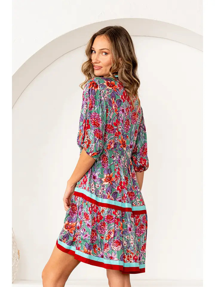Floral Print Tiered Mini Dress with Puff Sleeves
