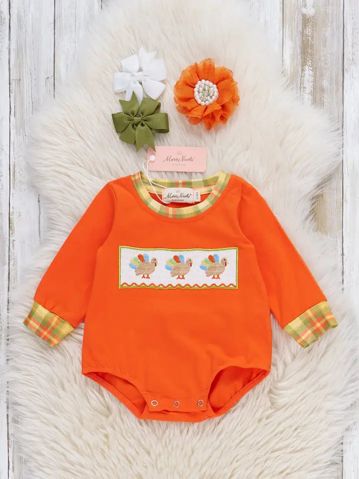 Plaid Smocked Embroidered Turkey Bubble
