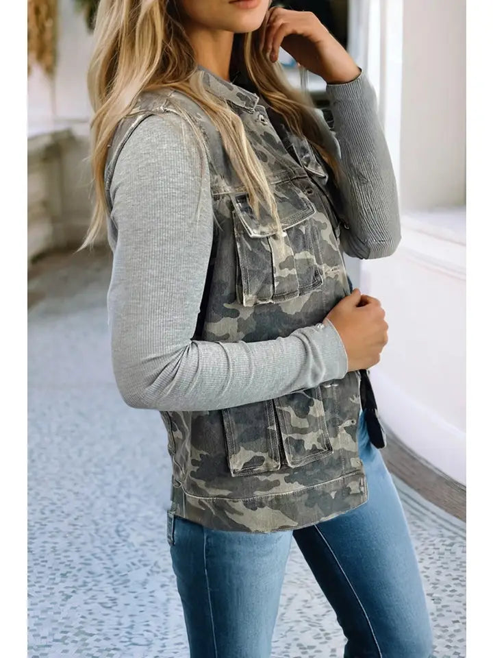 Army Camo Print Denim Vest