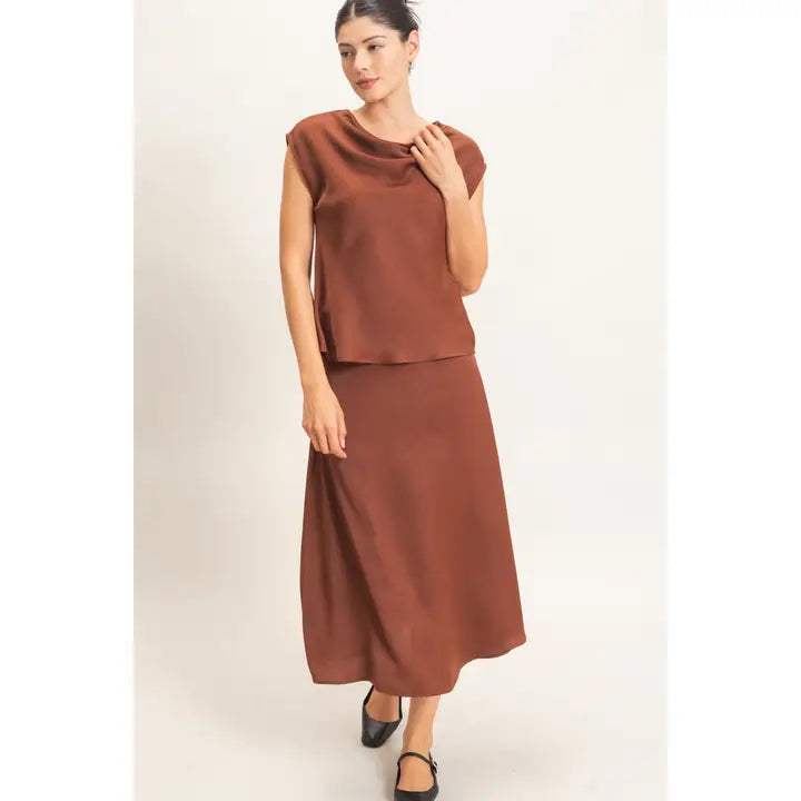 Brown Satin Cowl Neck Top and Skirt Set