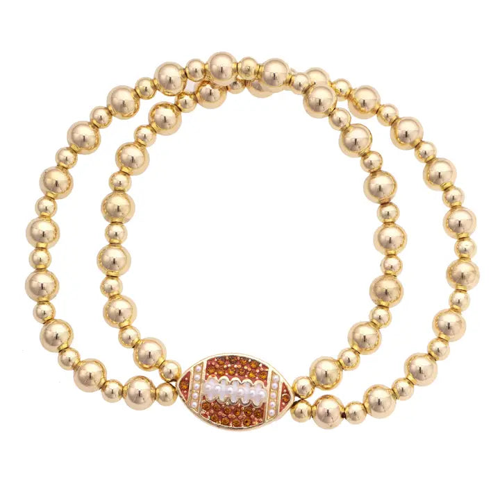 Pave Football 2-Row Ball Bead Stretch Bracelet in Shiny Gold