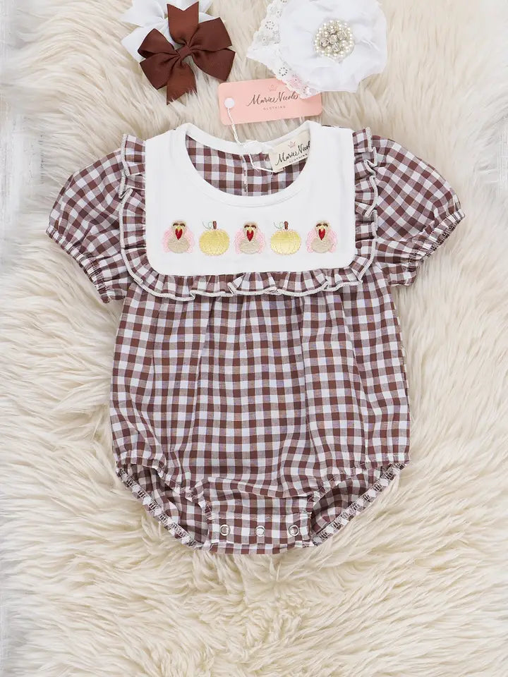 Turkey Flock Gingham Bubble Romper