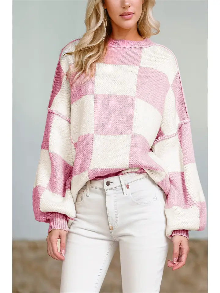 Checkered Bishop Sleeve Sweater